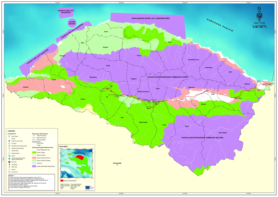 Peta overlay kawasan konservasi dengan fungsi kawasan di Kabupaten Tambrauw, Papua Barat. Hasil preliminary survey Samdhana Institute pada Juni 2018. Sumber peta: Samdhana Institute. Klik pada gambar untuk memperbesar