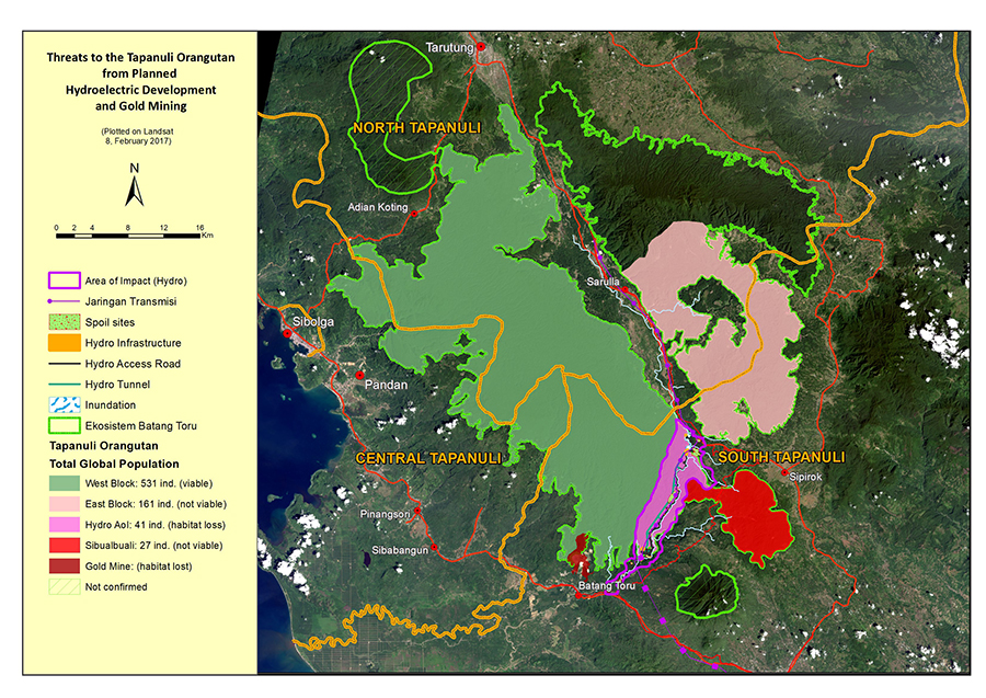 Peta yang menunjukkan Ekosistem Batang Toru. Peta: Data dari berbagai sumber, termasuk Kuswanda untuk Sibual-buali, Arfah Nasution untuk daerah korridor dan paper dari Wich et al. 2016