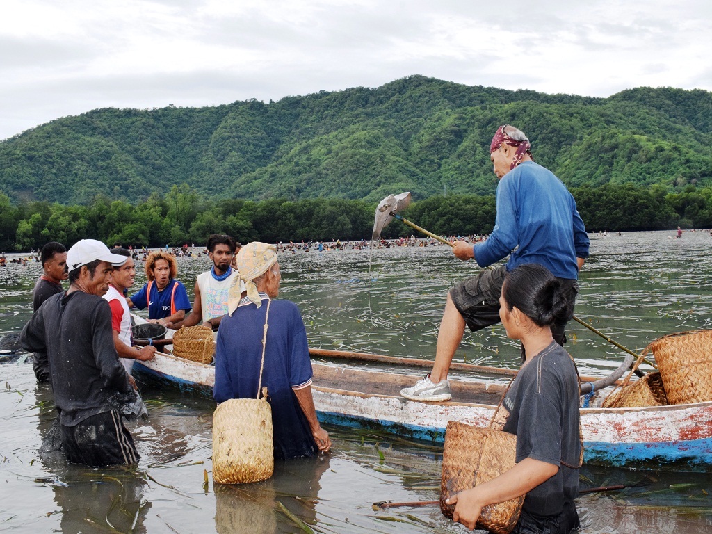 Mosalaki Sengaki Simon Se (kaos biru) menombak ikan sebagai tanda dimulainya ritual adat Tiwu di Teluk Rera Wete, desa Nabe kecamatan Maukaro kabupaten Ende, Flores, NTT | Foto: Ebed de Rosary/Mongabay Indonesia