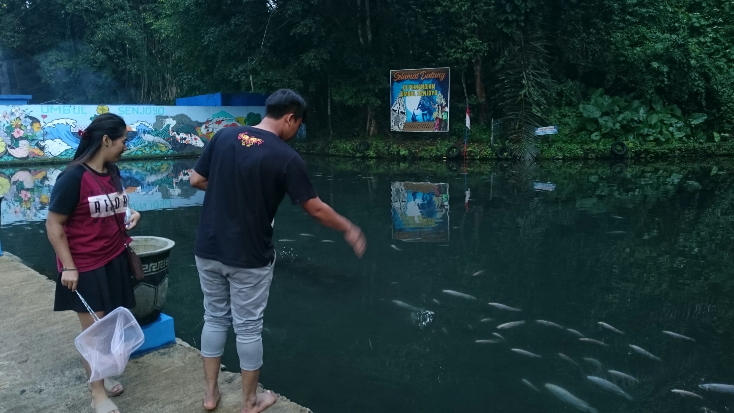 Pengunjung memberi makan ikan di kolam yang merupakan bagian dari mata air enjoyo. Foto: Nuswantoro/ Mongabay Indonesia