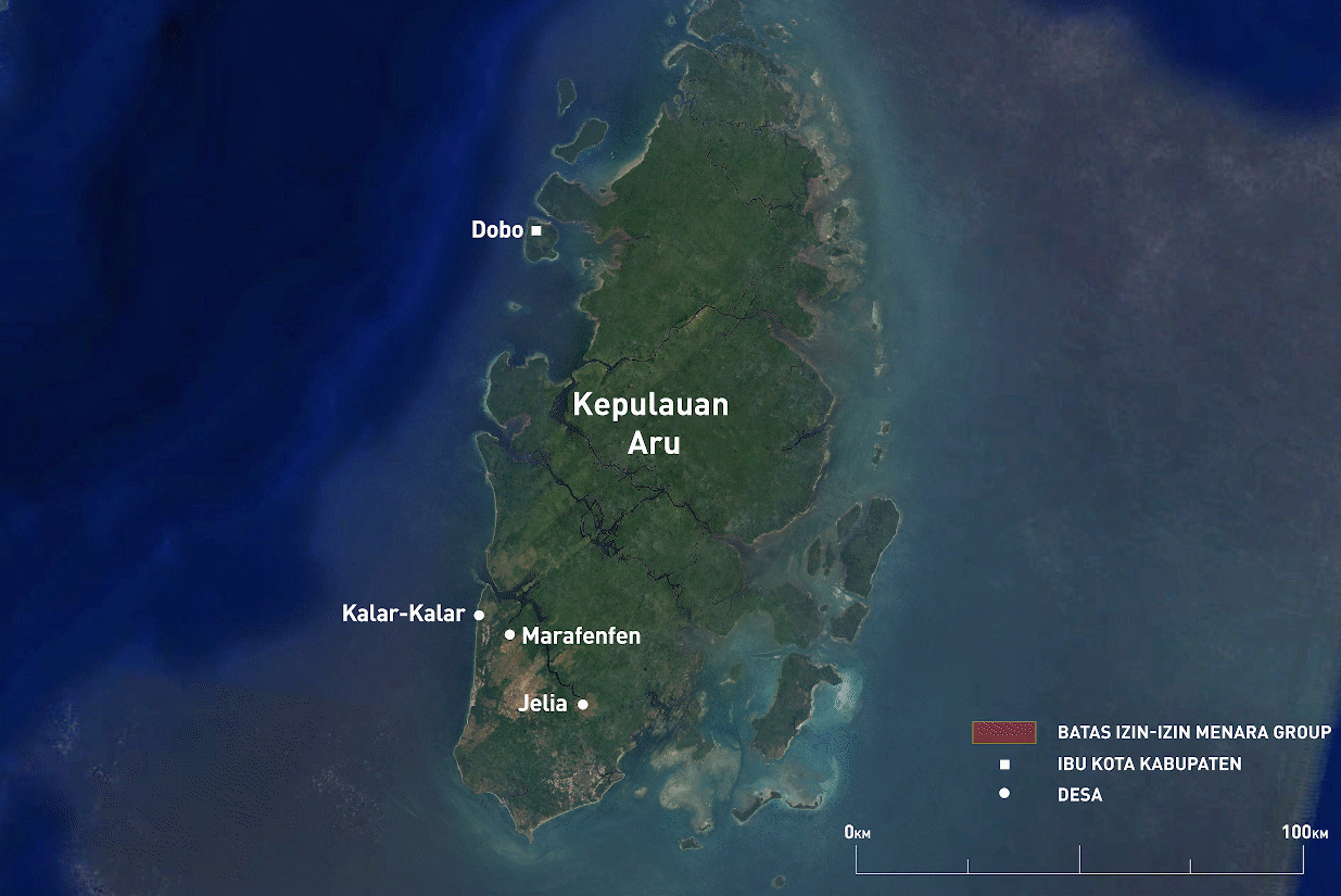 Jumlah luasan dari 28 konsesi perkebunan yang dikeluarkan oleh Theddy Tengko untuk Menara Group, mencakup sekitar dua pertiga Kepulauan Aru.