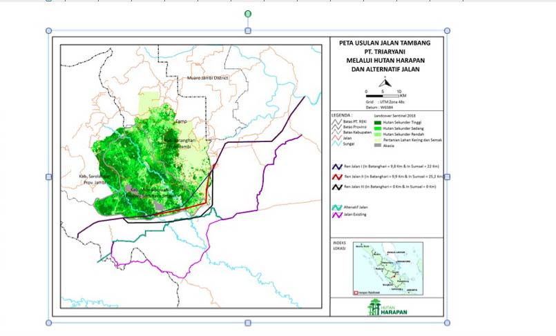 Peta Hutan Harapan overlay dengan tiga opsi jalan angkut batubara. Sumber: PT Reki