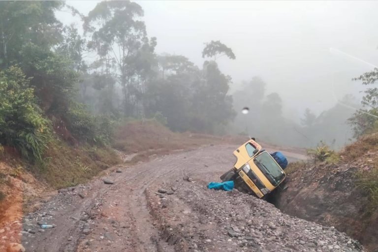 Truk tergelincir di Jalan Trans Jayapura Wamena. Foto: Gerson Wetapo