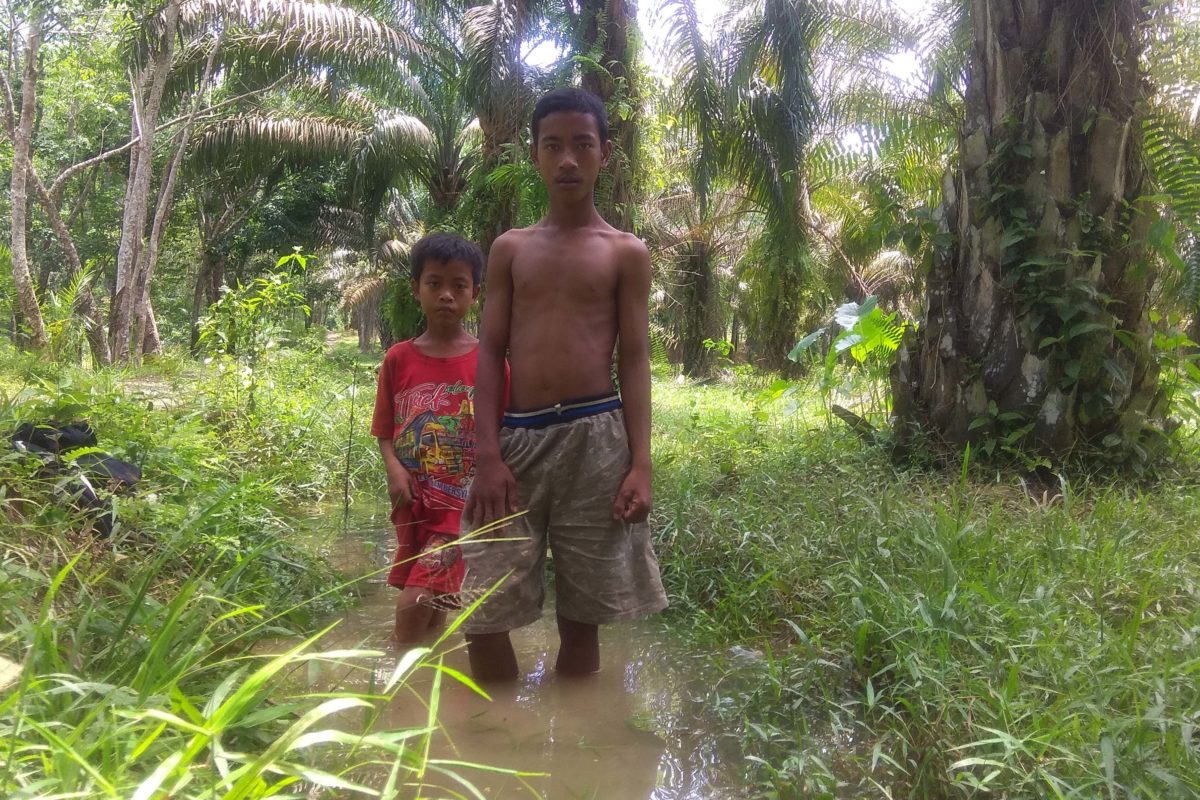 Matam dan Pembawa, menunjukkan sumber air di perkebunan sawit yang biasa mereka gunakan untuk minum. Dahulu parit itu adalah sungai yang jernih. Foto: Yitno Suprapto/ Mongabay Indonesia