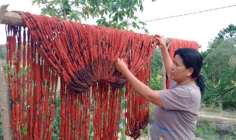 Adriana, penenun Sumba sedang menjemur benang dengan pewarna alami. Foto: Diana Timoria