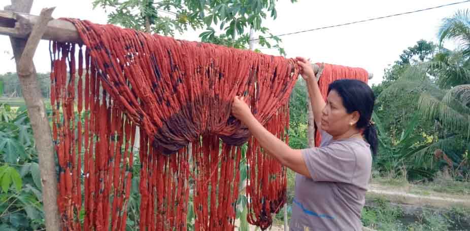Adriana, penenun Sumba sedang menjemur benang dengan pewarna alami. Foto: Diana Timoria