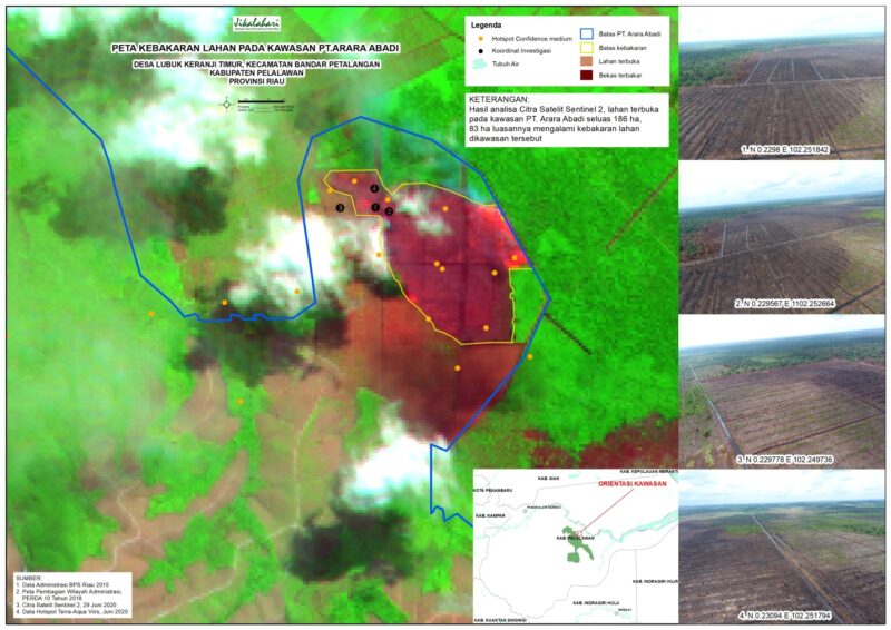  Peta kebakaran di areal konsesi PT Arara Abadi, hasil analisis melaui Citra Sentinel 2 seluas 83 hektar. Sumber: Jikalahari