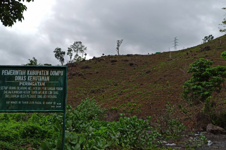 Papan pengumuman larangan menebang pohon sudah terpampang jelas, bahwa kawasan kawasan hutan ini. Meskipun begitu, tampak, perbukitan itu tak bertutupan lagi, hutan sudah gundul. Foto: Fathul Rakhman/Mongabay Indonesia