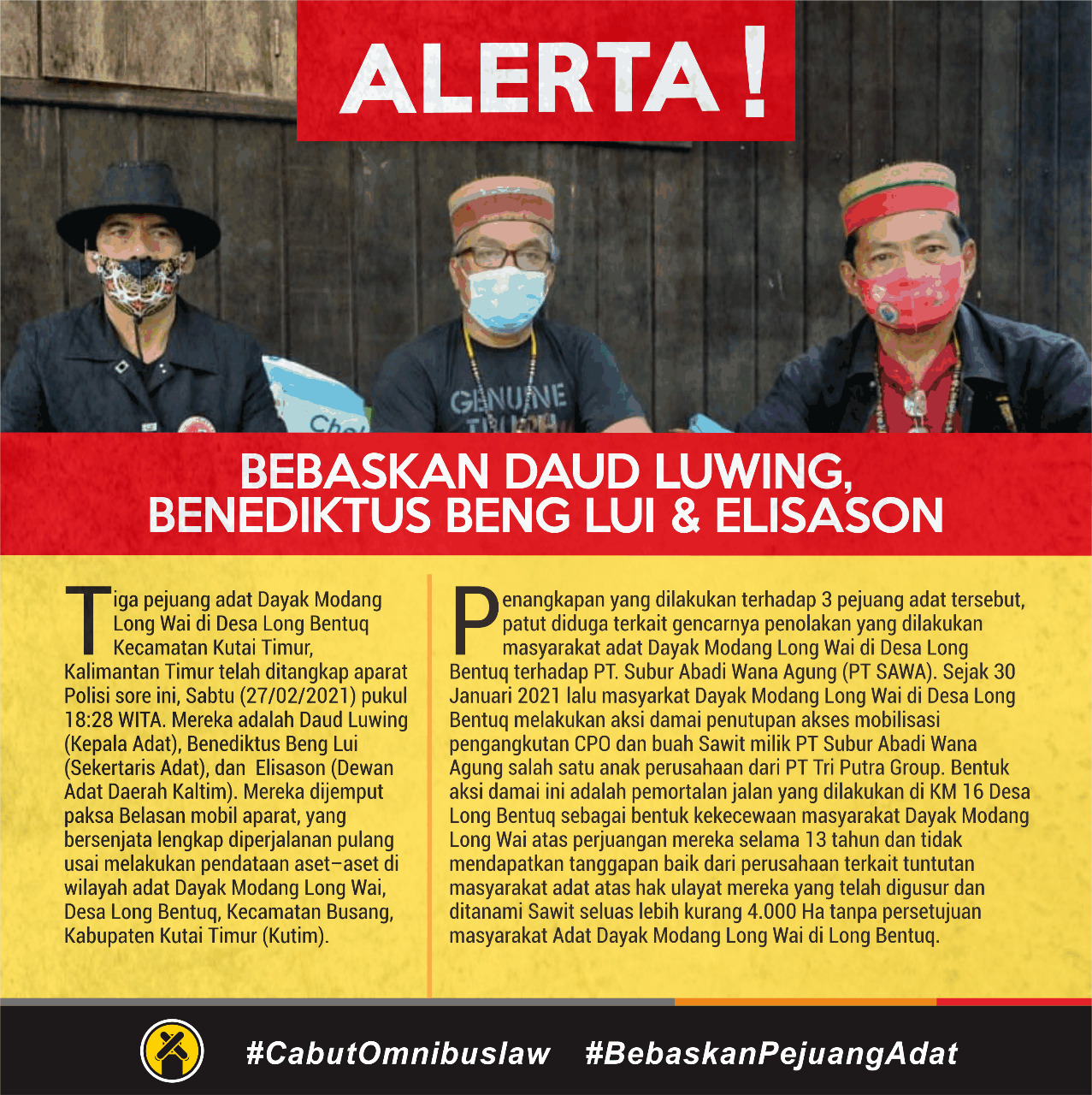 Tiga tokoh adat yang diamankan polisi pada 27 Februari 2021. Foto: Koalisi Masyarakat Adat Dayak Modang Long Wai