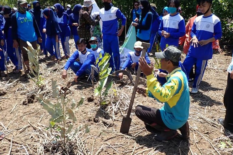 Anak sekolah belajar menanam mangrive di CMC Tiga Warna. (Foto : CMC Tiga Warna).