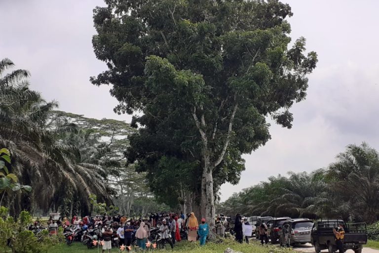 Masyarakat Adat Pantai Raja menyaksikan sidang lapangan atas kasus lahan mereka dengan PTPN V. Foto: Suryadi/ Mongabay Indonesia