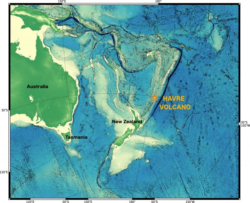 Peta lokasi keberadaan gunung bawah laut Havre. Sumber: University of Tasmania via Smithsonian