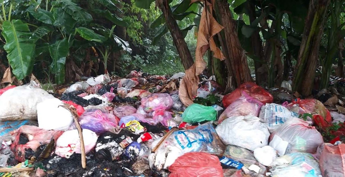 Sampah dengan sebagian besar sampah plastik sekali pakai berserakan di tepian jalan di banten. Foto: Saparian Saturi/ Mongabay Indonesia