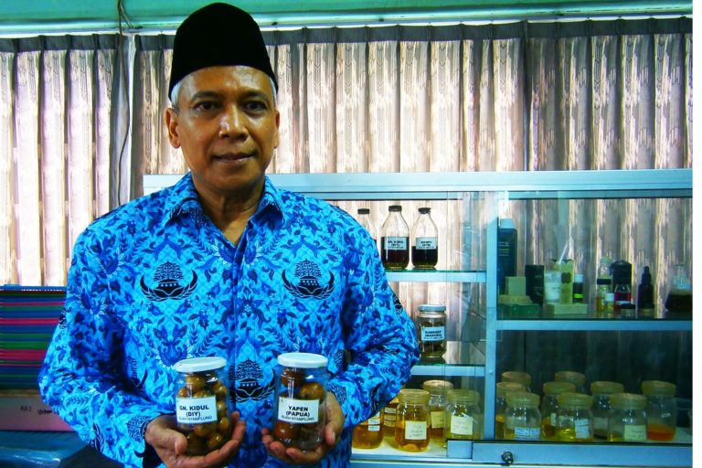 Budi Leksono membawa contoh buah nymplung dari Gunungkidul dan Yapen. Buah nymplung ini antara lain bermanfaat sebagai bahan baku bahan bakar nabati. Foto: Nuswantoro/ Mongabay Indonesia