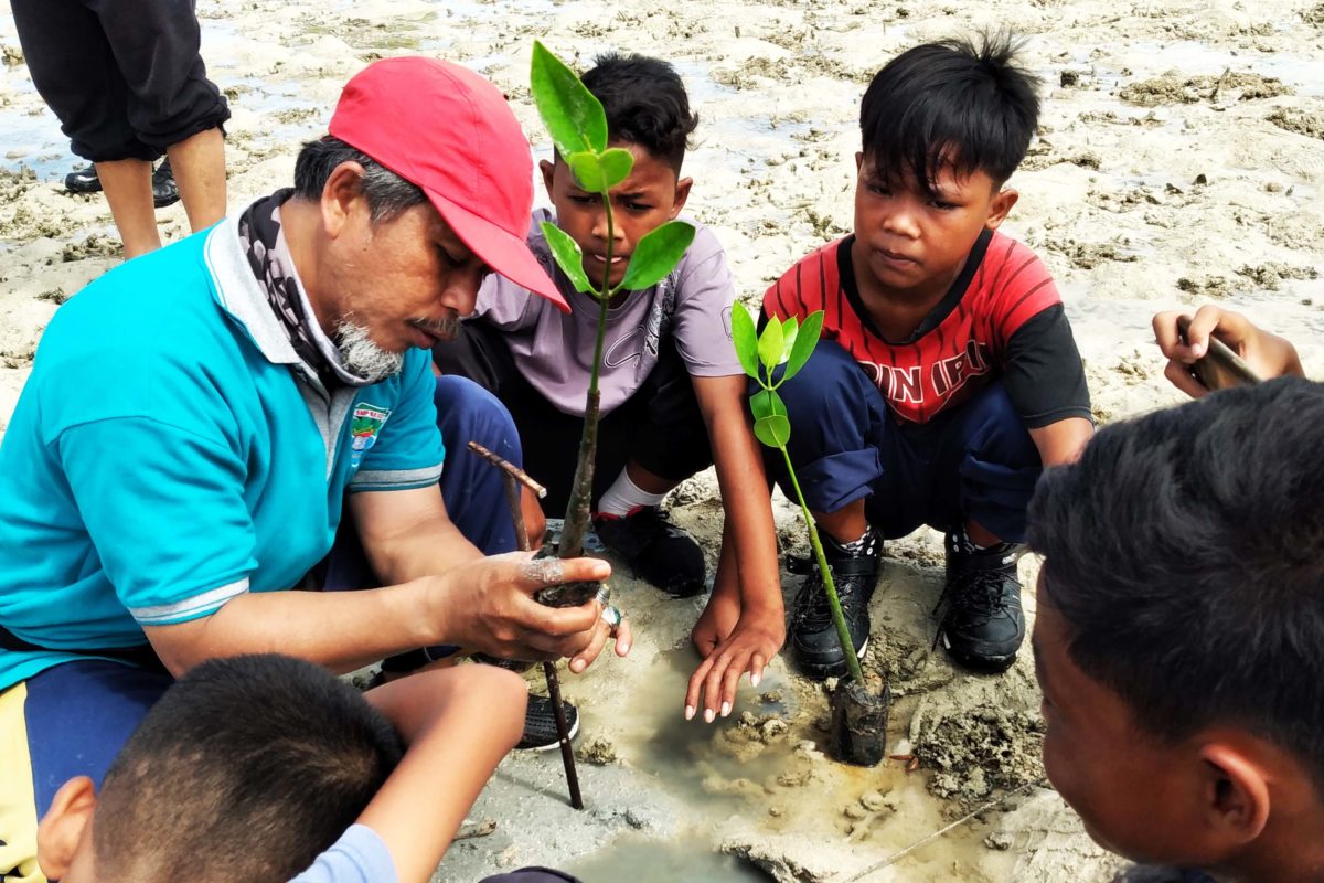 Seorang guru tengah mengajari siswa/i-nya menanam mangrove. Foto: Moh.Tamimi/Mongabay Indonesia