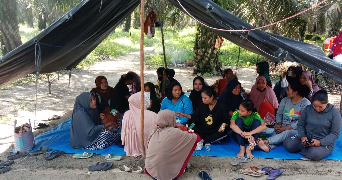 Warga Desa Terancang, Kecamatan Tambang, Kampar, Riau, berjaga di kebun sawit. Mereka jadi korban kekerasan sekelompok orang yang datang menyerang. Foto: Suryadi/ Mongabay Indonesia