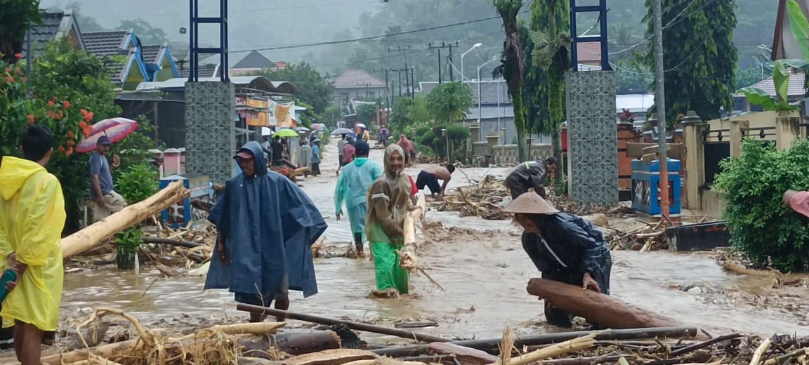 Gelondongan kayu terseret banjir bandang di Desa Lebakharjo, Ampelgading, Kabupaten Malang. (Foto: PMI Kabupaten Malang).