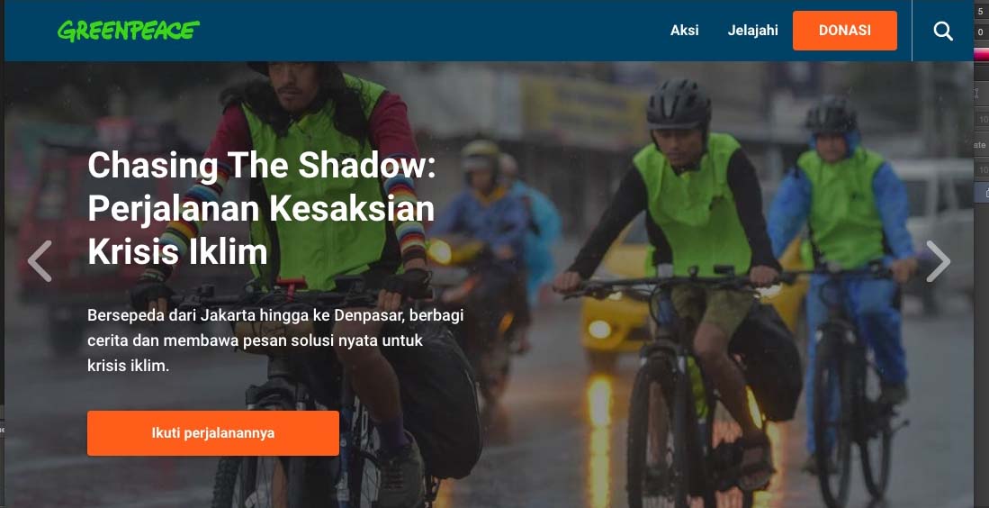 Laman Greenpeace yang mengabarkan soal kampanye Chasing the Shadow. Mereka suarakan krisis iklim dengan bersepeda ke Bali, jelang pertemuan G20. Foto: dari website Greenpeace Indonesia 