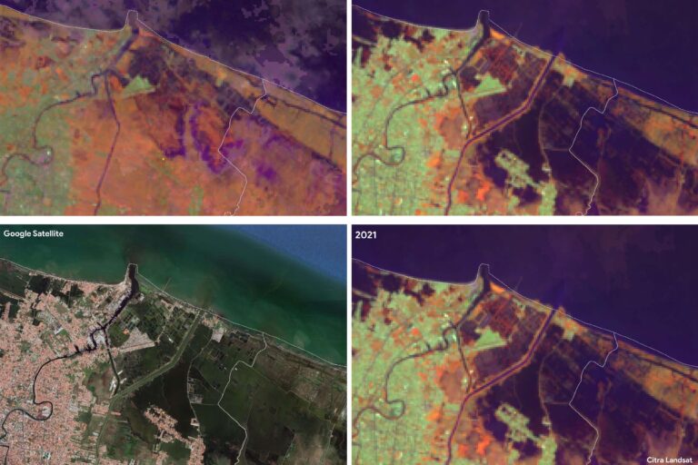 Citra satelit 2021 memperlihatkan bibir pantai tergerus dan air laut yang membasahi hampir 50% daratan di ujung utara Kota Pekalongan.  