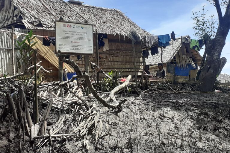  Rumah nelayan di Parit 18 A yang masih bertahan meski intrusi air laut menenggelamkan kebun kelapa di dusun itu. Foto: Suryadi/ Mongabay Indonesia