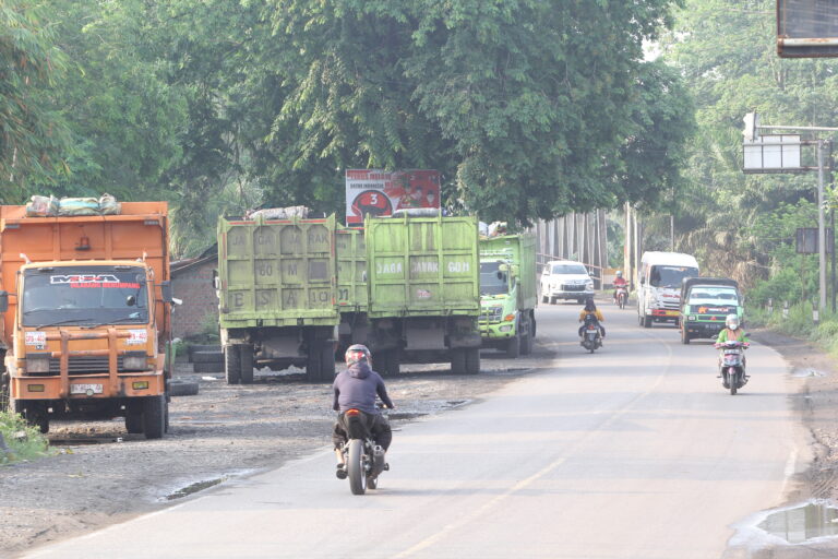 Angkutan batubara terparkir di tepi jalan di Desa Muara Maung. Mereka akan mulai bergerak saat petang.dok.RMOL Sumsel