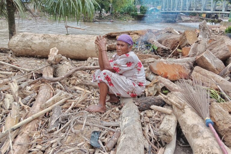 Kayu besar yang ikut bersama air bah menerjang pemukiman warga di Pesisir Selatan. Foto: Jaka HB/MOngabay Indonesia